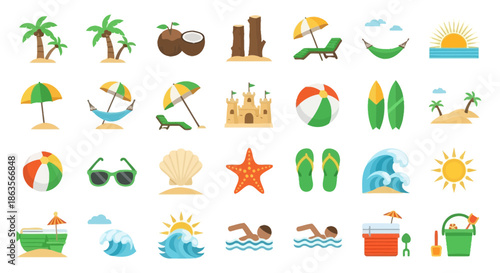 Collection of colorful summer beach and vacation icons representing various elements