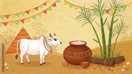  illustration of happy pongal greeting background with cow and sugar canes