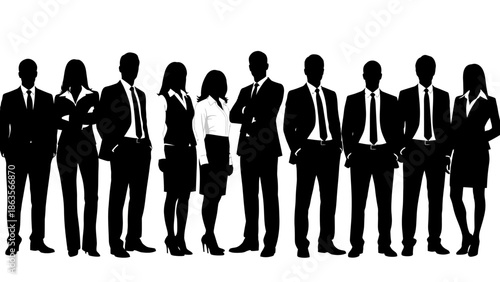 A diverse group of business professionals standing in a line, silhouetted against a white background.