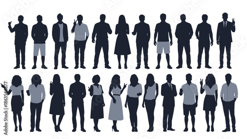 A diverse group of people are standing in a line, showcasing various poses and attire.