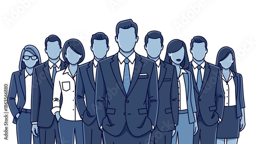 A diverse group of professionals in business attire stand together, led by a confident figure in the foreground.