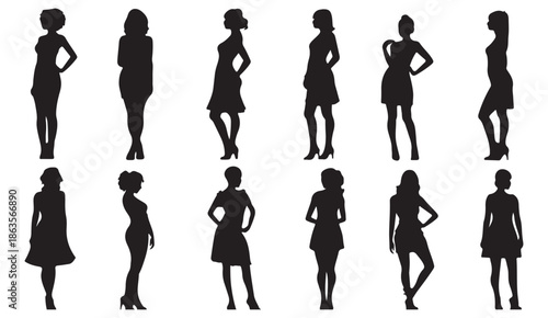Woman Female Fashion Silhouette Set, Black People Figure Collection, Elegant Lady Shape Graphic, Standing Pose Icon Elements, Beautiful Girl Clipart Bundle, Feminine Style Illustration Art, Modern Wom