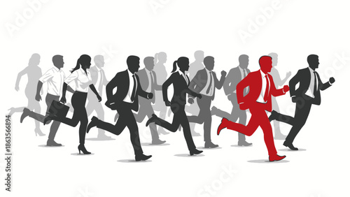 A group of business people running in a race, with one person in red leading the pack.