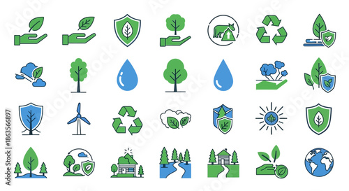 Collection of Ecology and Environmental Protection Vector Icons Representing Sustainability