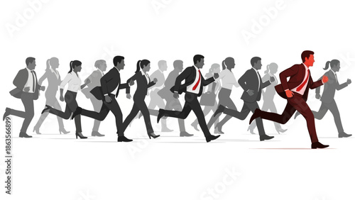 A dynamic illustration of a diverse group of business professionals running forward, led by a distinct individual in red.