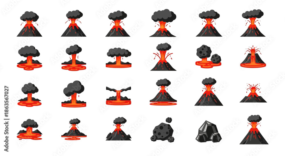Fototapeta premium Collection of stylized volcano eruptions with flowing lava and smoke on white background