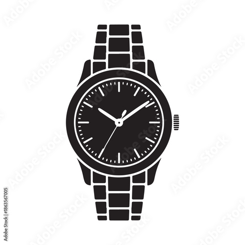 A simple black and white illustration of a classic wristwatch with a metal band