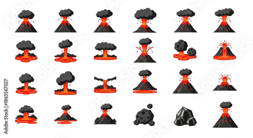 Collection of stylized volcano eruptions with flowing lava and smoke on white background