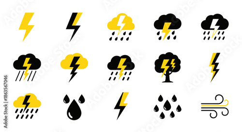 Collection of various minimalistic weather icons depicting thunderstorms rain and wind