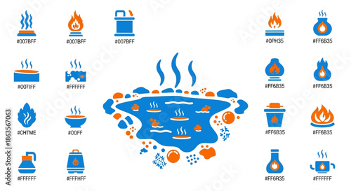 Collection of vector icons depicting hot springs, steam and related elements in blue and orange