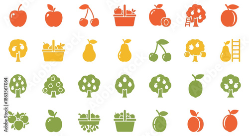 Collection of vector icons and symbols representing fruits, trees and fruit harvesting elements in