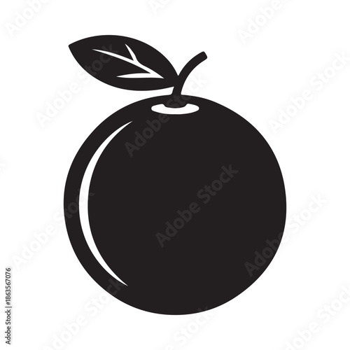 A simple black and white illustration of a round citrus fruit with a single leaf