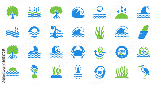 Collection of vector icons representing various water related themes and environments  using blue