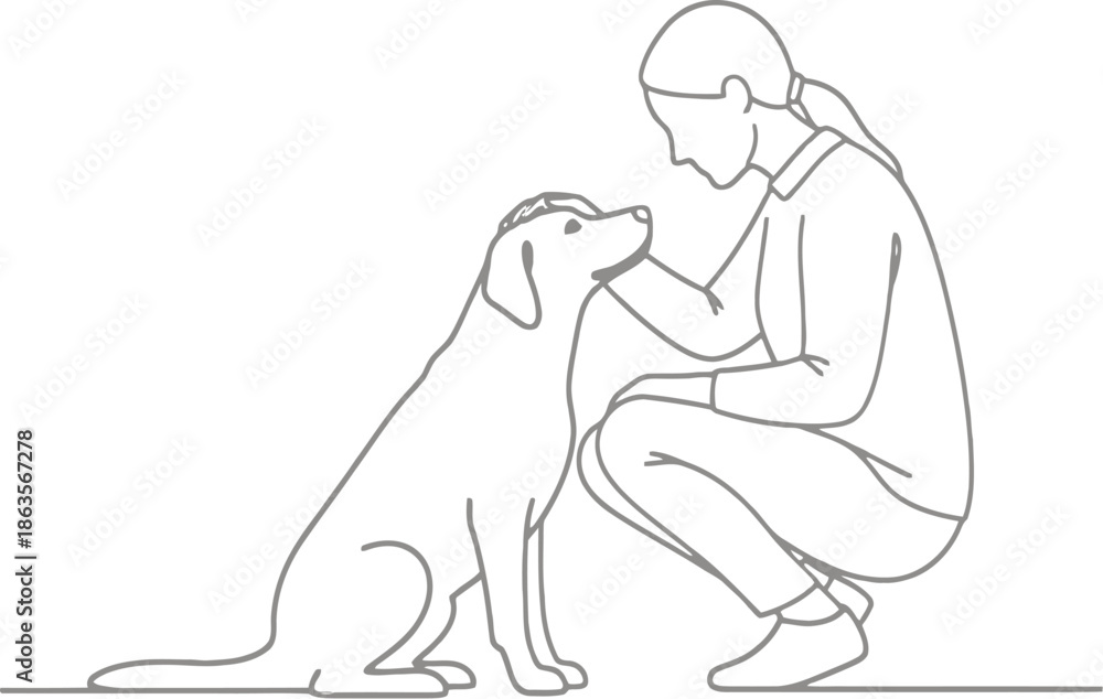 Obraz premium Woman interacting with her dog in simple line art