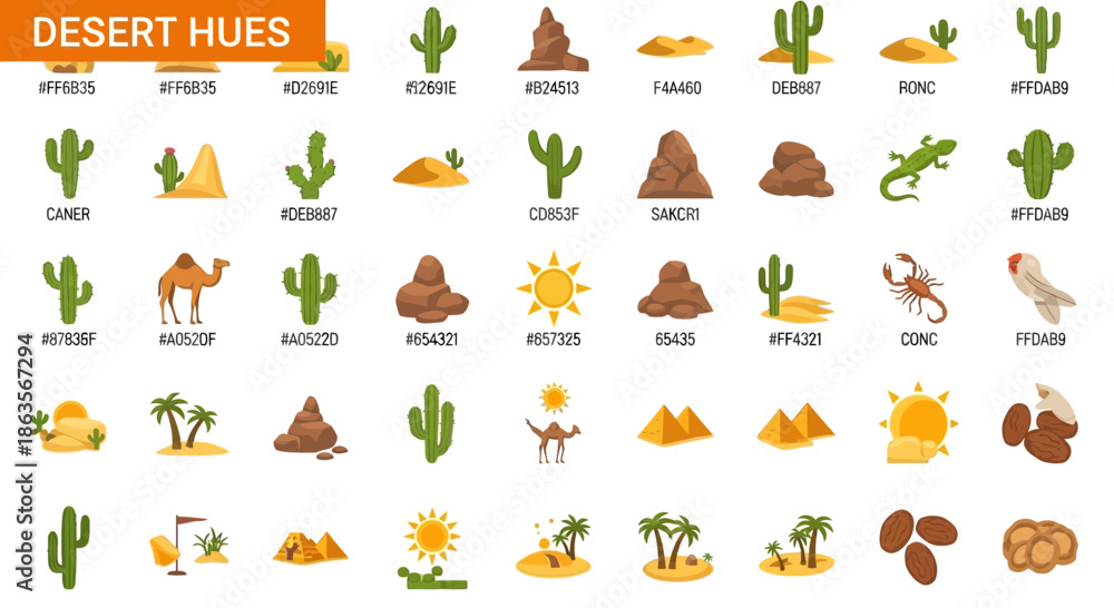 Fototapeta premium Desert-themed color palette with cacti, sand dunes, pyramids, and desert animals illustration