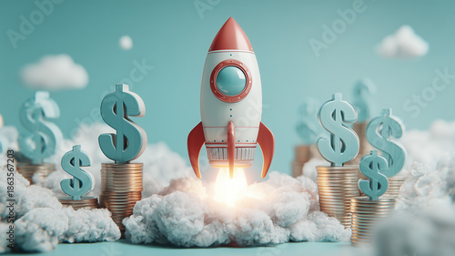 A startup rocket taking off among dollar symbols and stacked coins, representing financial growth investment success and business expansion.
