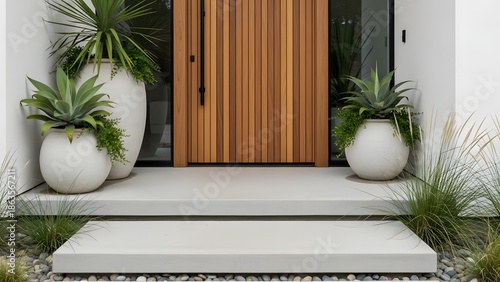 Modern entryway with natural wooden door, flanked by white planters and green succulents, leading to clean concrete steps, embodying contemporary architectural style