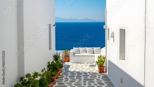 Charming White Alleyway with Outdoor Seating Leading to the Azure Aegean Sea on a Sunny Day