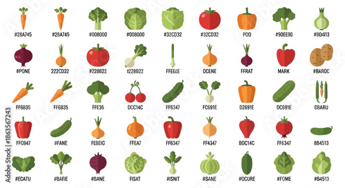Colorful Vector Illustration of Various Vegetables and Fruits with Color Codes for Design