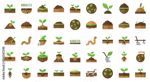 Comprehensive Collection of Flat Design Soil and Seedling Icons for Agricultural Projects