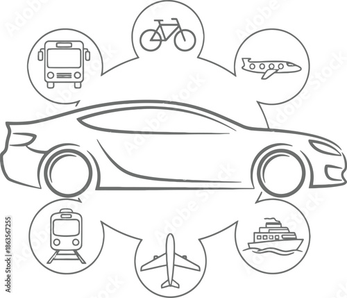 Various transportation modes surrounding a modern car