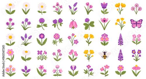 Delightful floral assortment: Whimsical blossoms, charming butterflies and buzzing bees create a