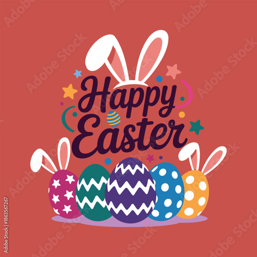 Happy Easter bunny ears and decorated eggs on red background. Easter eggs vector illustration.