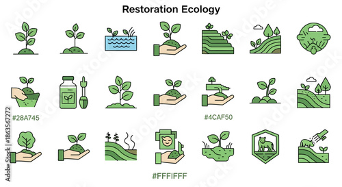 Conceptual restoration ecology vector icons illustration depicting ecological preservation and