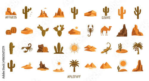 Desert themed vector icon set featuring cacti, sand dunes, animals, and desert landscapes