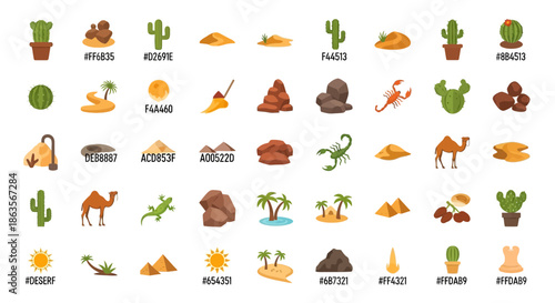 Desert Icons Collection: Flat Vector Design Representing Arid Landscape and Wildlife