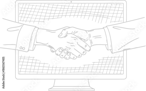 Handshake on computer screen representing online agreement