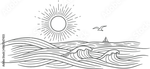 Serene ocean scene with sun and sailboat