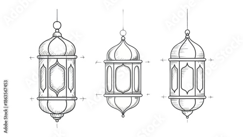 Exquisite Lanterns: A captivating illustration of three beautifully crafted lanterns, each radiating a unique charm, perfect for adding a touch of elegance and ambiance.