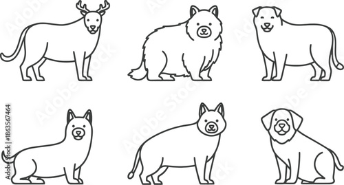 Collection of various dog breeds illustrated in simple line art