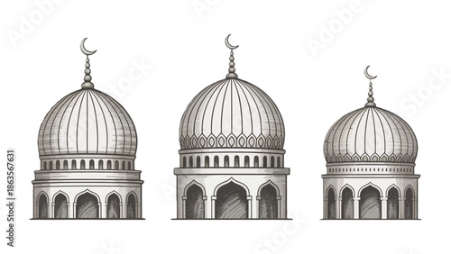 Dome Architecture: A detailed depiction of a trio of iconic mosque domes, each crowned with a crescent moon, offering a glimpse of cultural artistry and architectural brilliance.