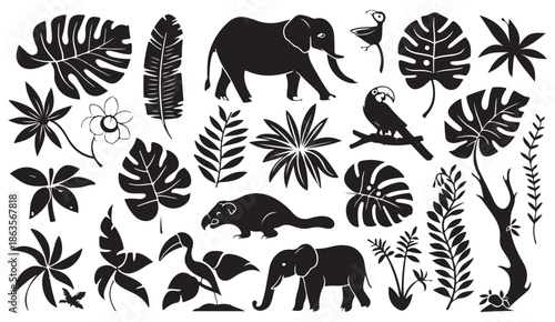 forest animal silhouettes, wildlife nature pattern, deer bird illustration, woodland animal artwork, forest life silhouettes, nature animal design, wild forest creatures, black nature illustration, se