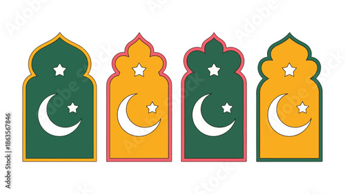 Islamic Lanterns Illustration: A series of vibrant Islamic lanterns, each adorned with a crescent moon and star, symbolizing the rich traditions and spirituality of Islamic culture.