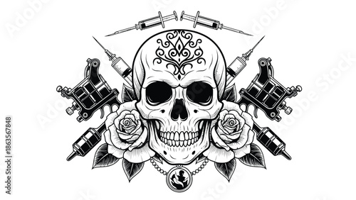 Skull With Roses And Guns Emblem.