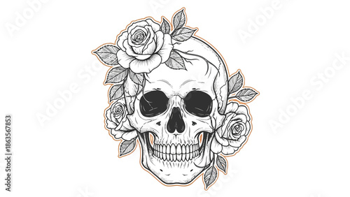 Skull with Roses Floral Skull Illustration.