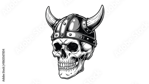 Skull with Viking helmet illustration for dramatic impact.