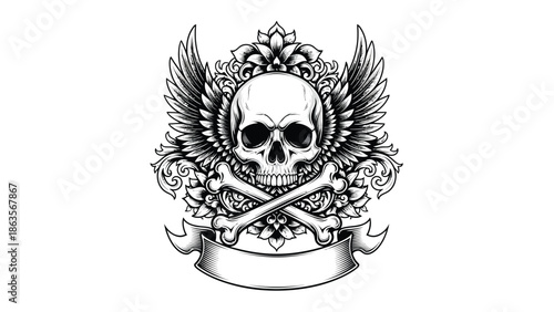 Skull with wings and crossed swords emblem.