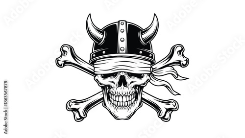Viking Skull with Helmet and Crossbones Illustration.