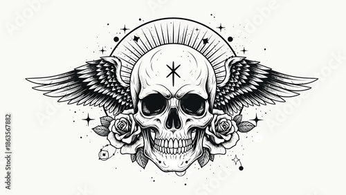 Winged Skull with Roses Illustration Artwork.