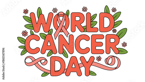 World Cancer Day Awareness: A vibrant illustration showcasing a heart for World Cancer Day, surrounded by botanical elements, conveying hope and solidarity.