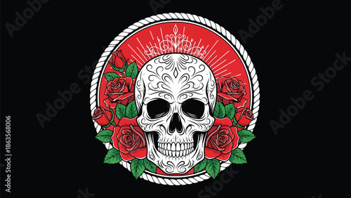 Intricate Skull with Roses Emblem Illustration.