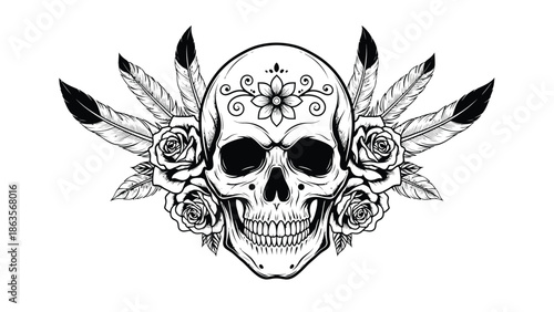 Intricate skull with floral crown design.