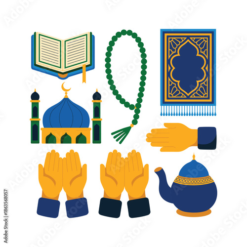 Islamic symbols and including mosque prayer mat, quran rosary hands and teapot muslim vector illustration isolated on white background.