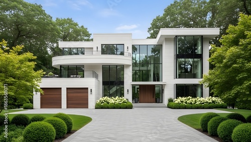 Modern luxury villa with white facade and large windows exterior.