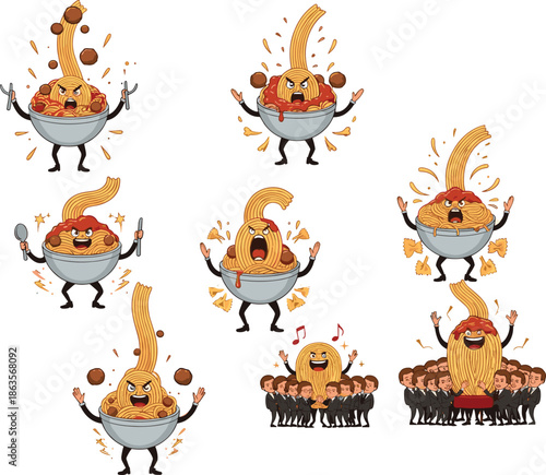 Angry spaghetti bowl cartoon characters, expressive pasta with meatballs, animated Italian food mascot, furious sauce splashes, lively food illustrations, humorous dining scenes