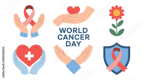 World Cancer Day: A collection of symbolic elements for World Cancer Day, conveying hope, support, and the ongoing fight against the disease, including ribbons, hearts, and protective shields.
